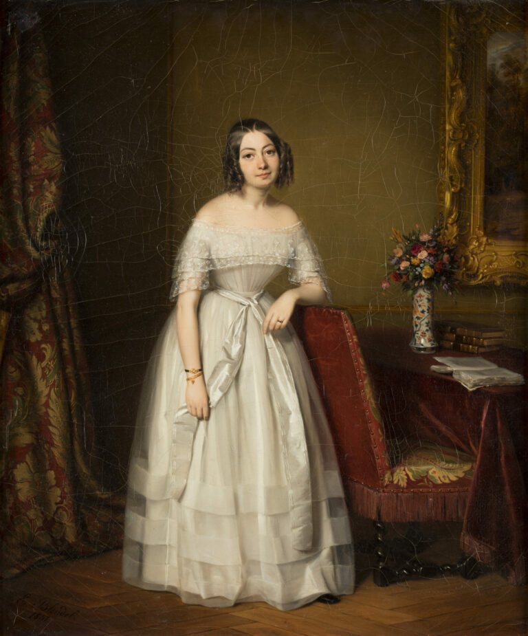 Catherine-Élisabeth dite Élisa BLONDEL (1811-1845) — Portrait de femme en robe blanche dans un intérieur, 1841Huile sur toile