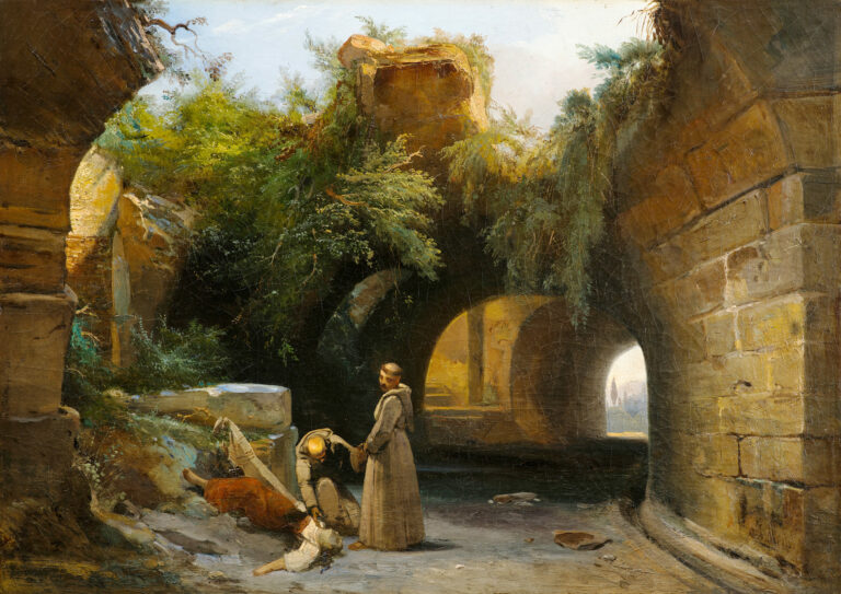 Jean-Charles-Joseph RÉMOND (1795-1875) — Des religieux de l’ordre de Saint-Dominique trouvent une femme précipitée dans les ruines du Colisée, à Rome, vers 1837