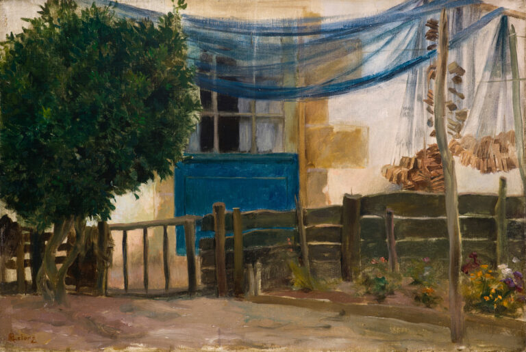 Justin Édouard René LELONG (1871-1933) — Filets de pêche devant une maison